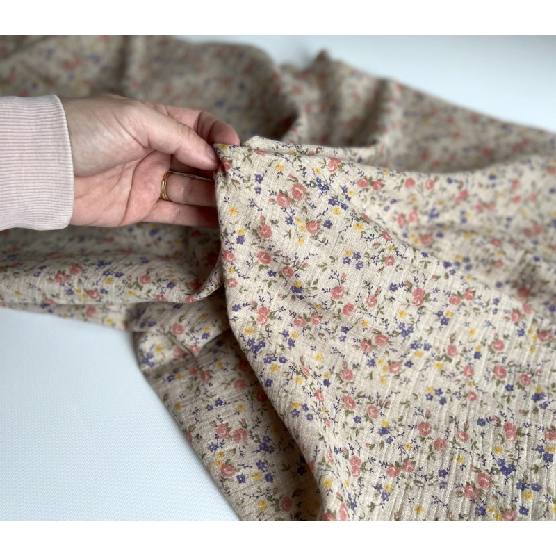 Idalie - Double gaze de coton BIO chiné coloris beige fleuri