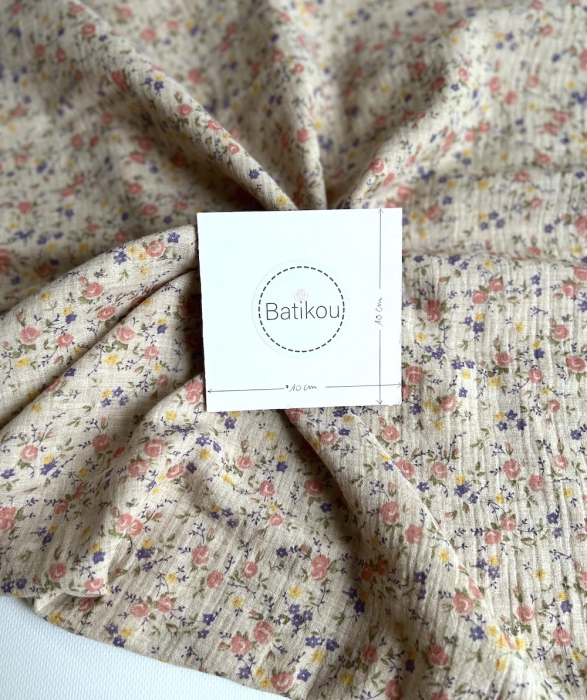 Idalie - Double gaze de coton BIO chiné coloris beige fleuri