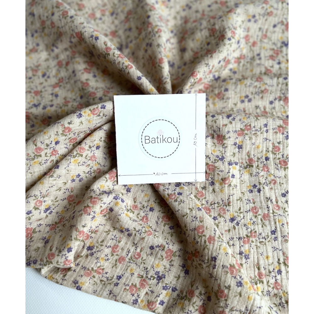 Idalie - Double gaze de coton BIO chiné coloris beige fleuri