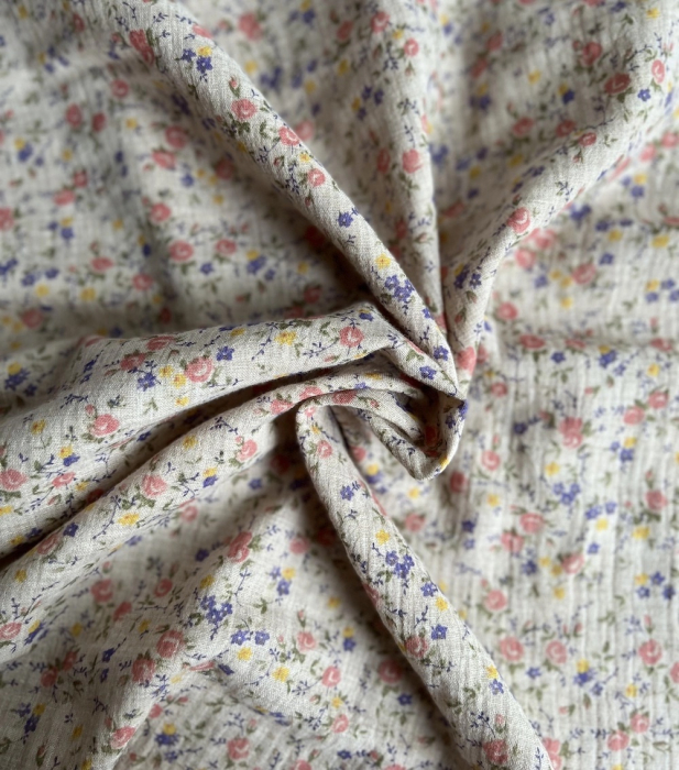 Idalie - Double gaze de coton BIO chiné coloris beige fleuri