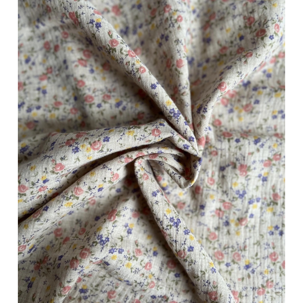 Idalie - Double gaze de coton BIO chiné coloris beige fleuri