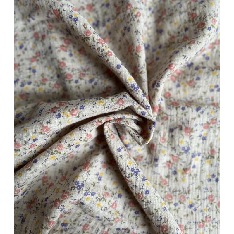 Idalie - Double gaze de coton BIO chiné coloris beige fleuri