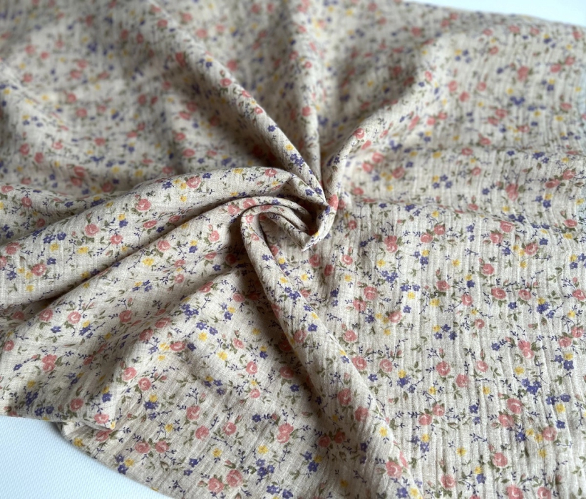 Idalie - Double gaze de coton BIO chiné coloris beige fleuri