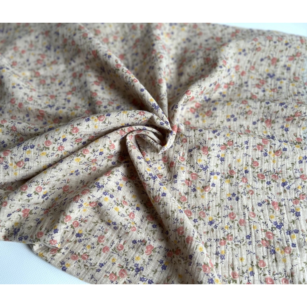 Idalie - Double gaze de coton BIO chiné coloris beige fleuri