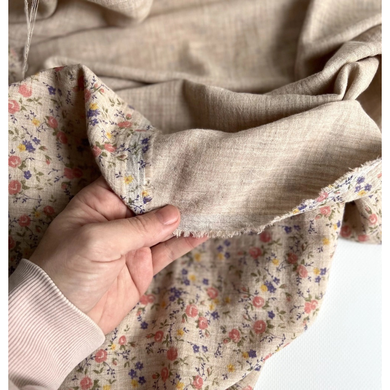 Idalie - Double gaze de coton BIO chiné coloris beige fleuri