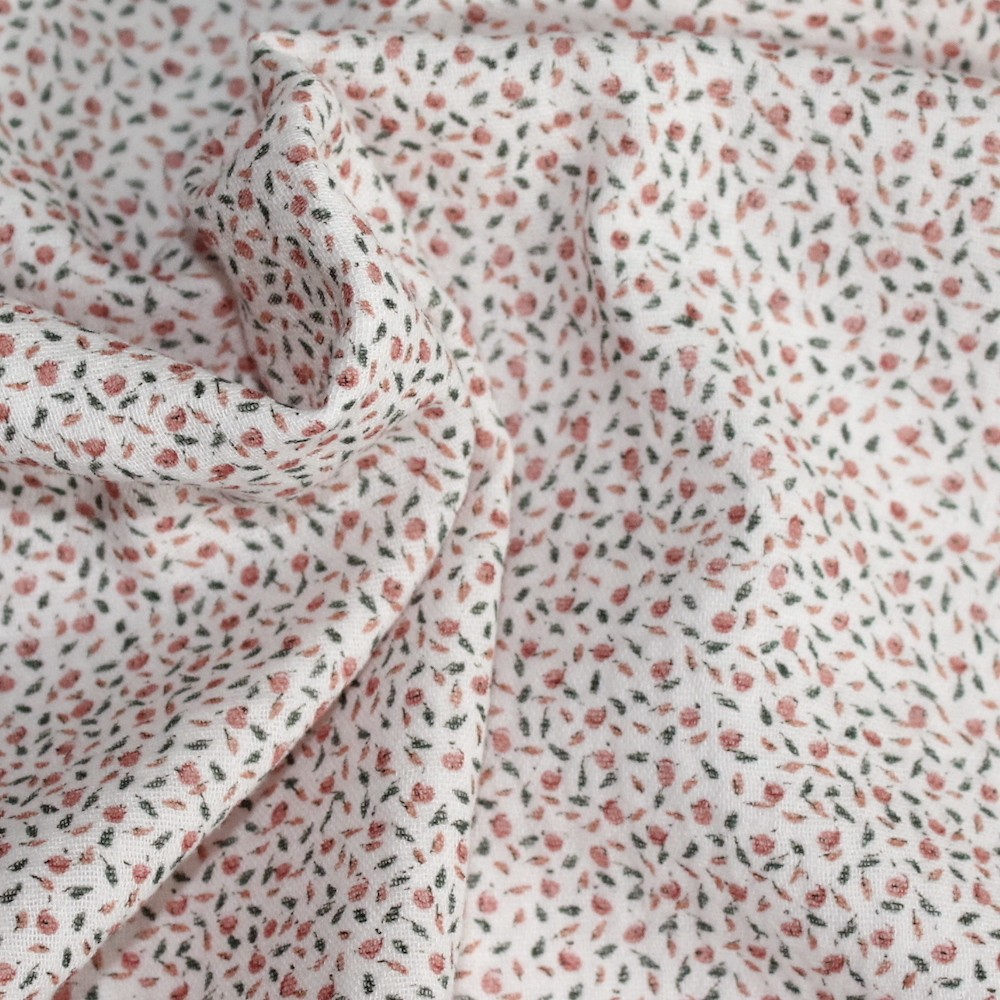 Double gaze de coton BIO rose poudré à motifs fruités Tissus issus de l'agriculture biologique  - 1