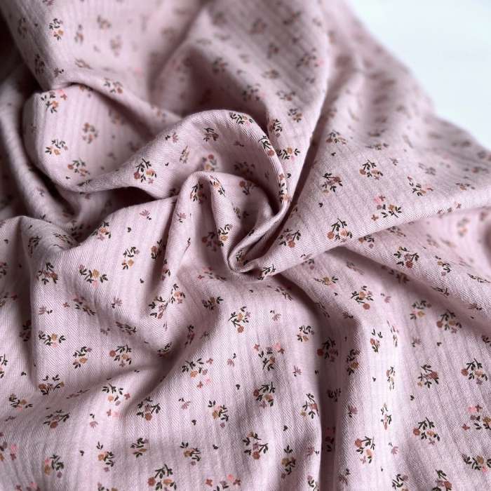 Seersucker / Coton gaufré doux rose thé motif fleuri Batikou - 1