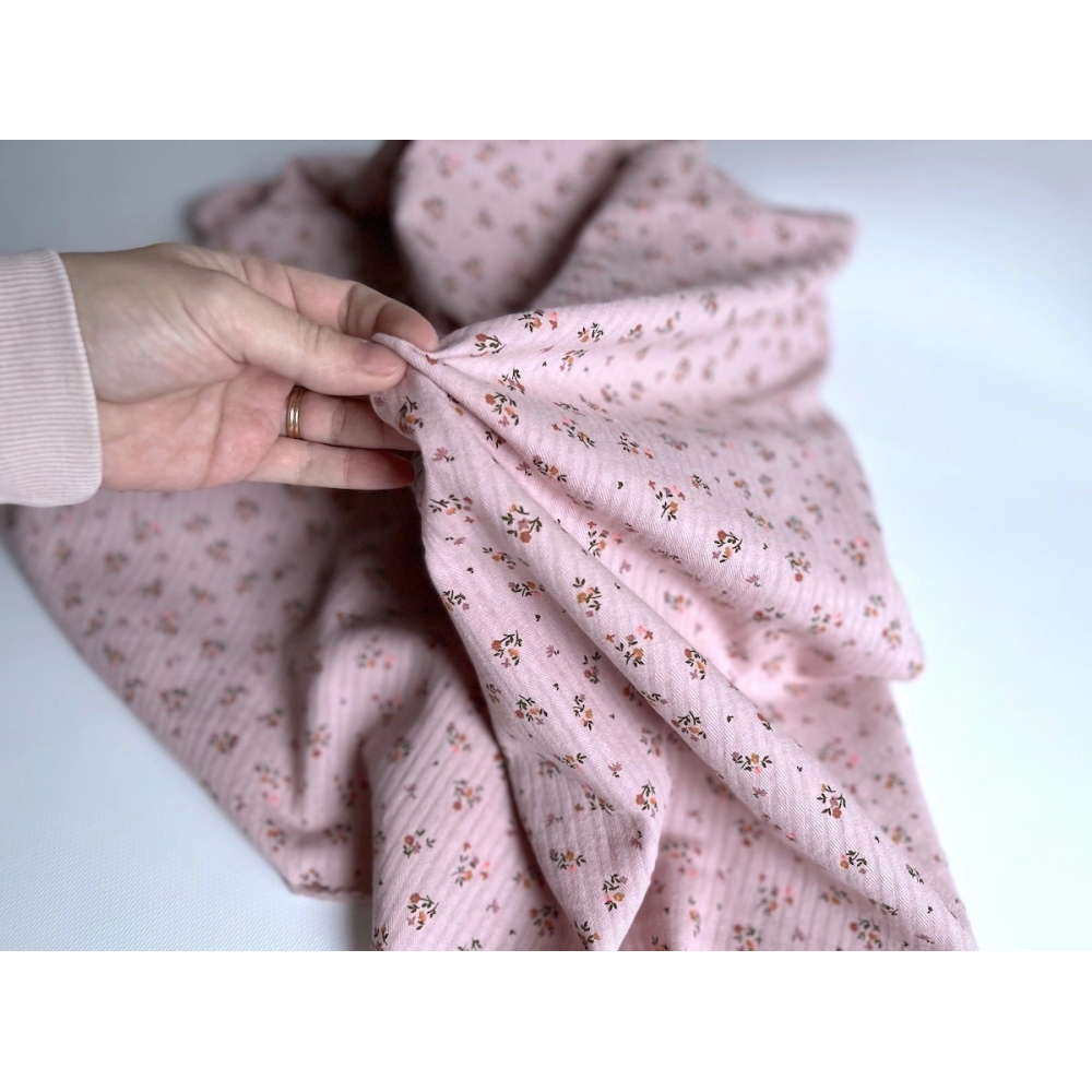 Seersucker / Coton gaufré doux rose thé motif fleuri Batikou - 2