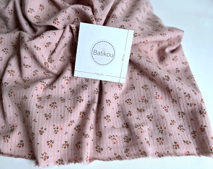 Seersucker / Coton gaufré doux rose thé motif fleuri Batikou - 4