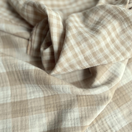 Double gaze de coton vichy réversible écru / sable Qualité Oeko-tex - 1