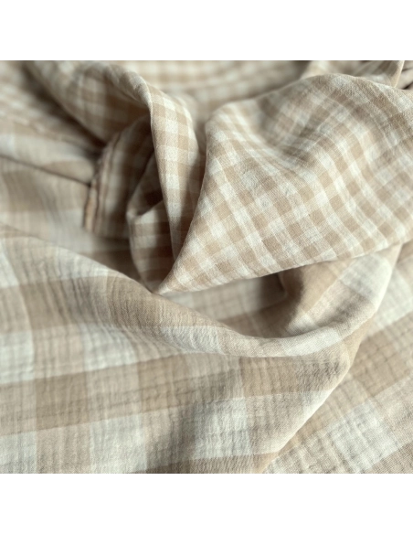 Double gaze de coton vichy réversible écru / sable Qualité Oeko-tex - 1
