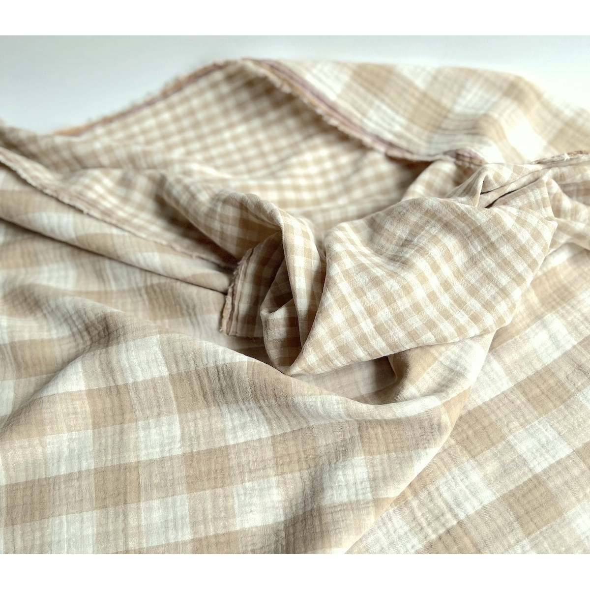 Double gaze de coton vichy réversible écru / sable Qualité Oeko-tex - 2