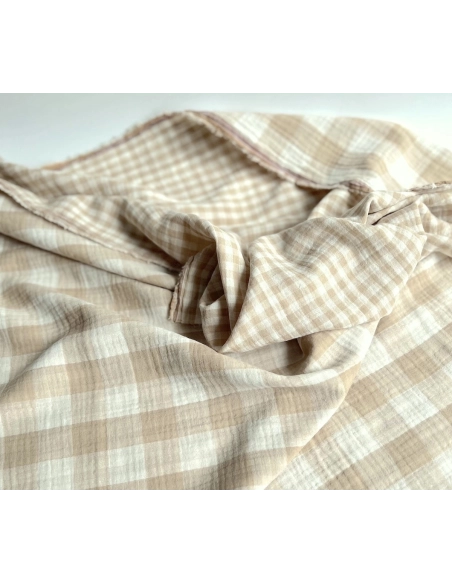 Double gaze de coton vichy réversible écru / sable Qualité Oeko-tex - 2