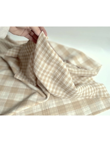 Double gaze de coton vichy réversible écru / sable Qualité Oeko-tex - 3