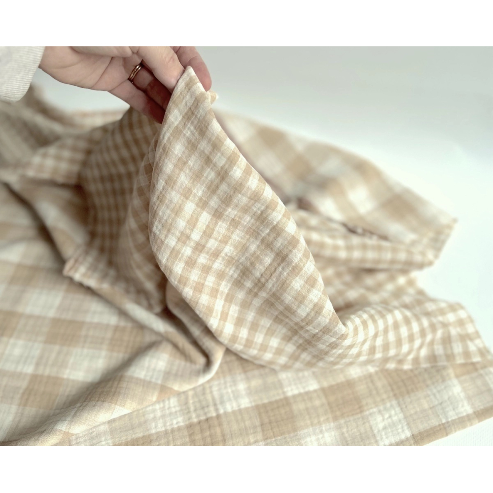 Double gaze de coton vichy réversible écru / sable Qualité Oeko-tex - 3