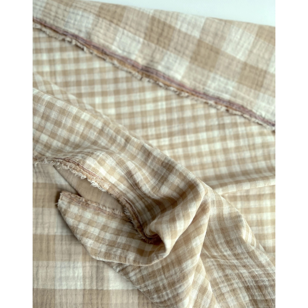 Double gaze de coton vichy réversible écru / sable Qualité Oeko-tex - 5