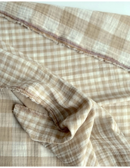 Double gaze de coton vichy réversible écru / sable Qualité Oeko-tex - 5