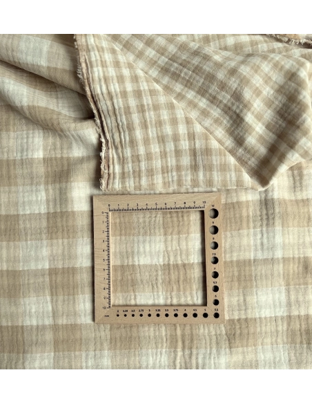 Double gaze de coton vichy réversible écru / sable Qualité Oeko-tex - 7