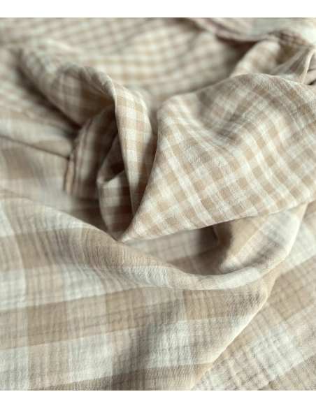 Double gaze de coton vichy réversible écru / sable Qualité Oeko-tex - 8