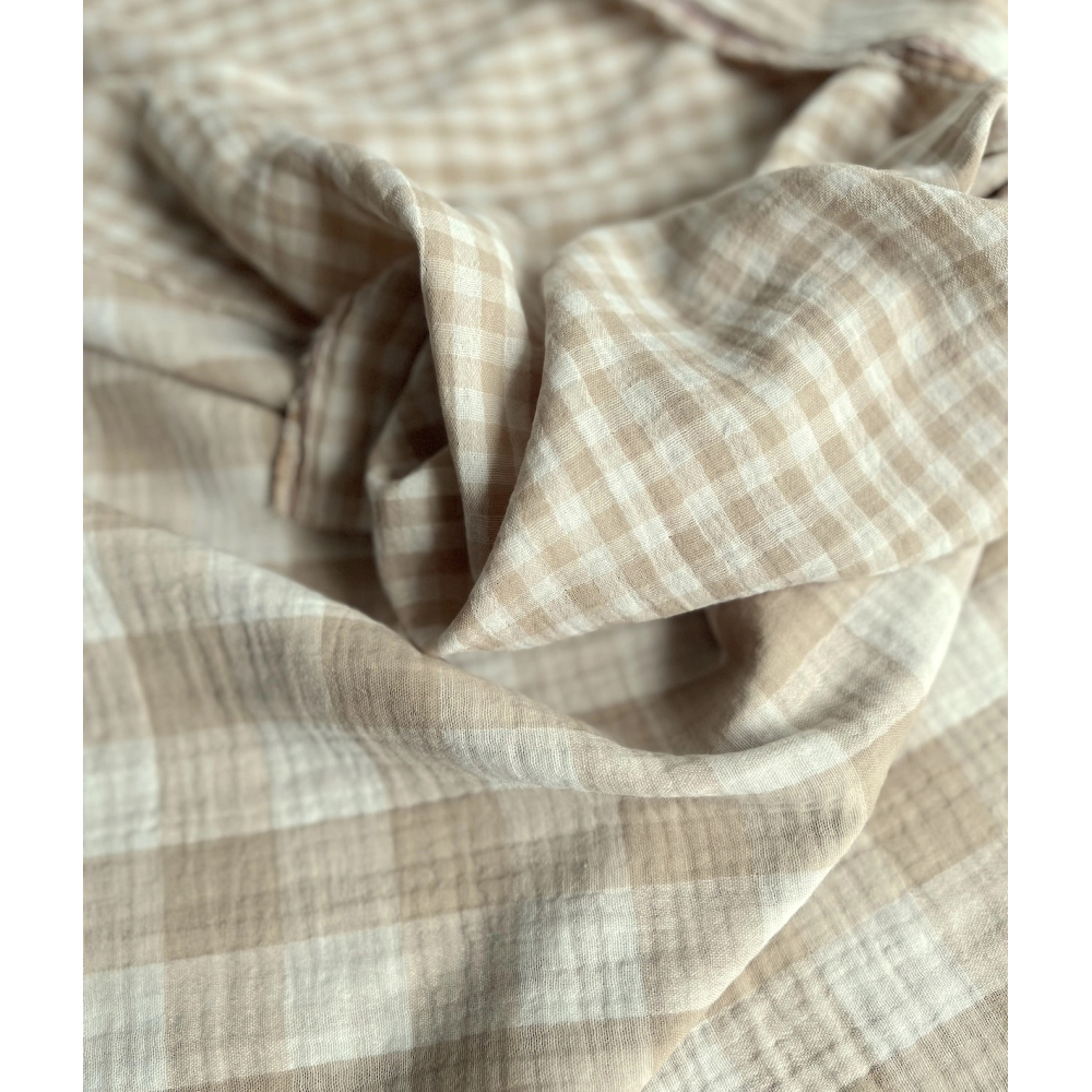 Double gaze de coton vichy réversible écru / sable Qualité Oeko-tex - 8