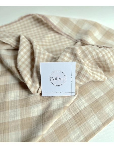 Double gaze de coton vichy réversible écru / sable Qualité Oeko-tex - 9