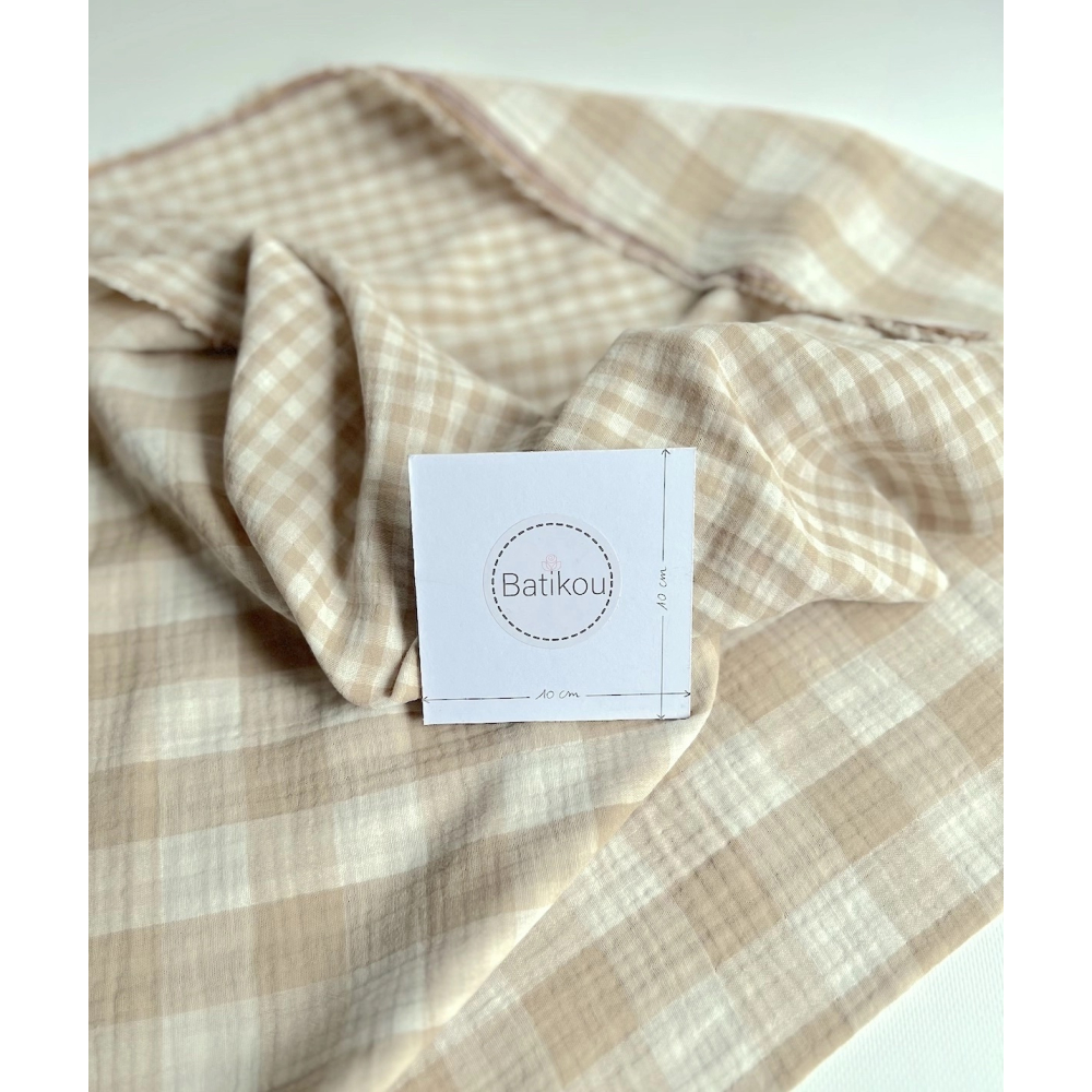 Double gaze de coton vichy réversible écru / sable Qualité Oeko-tex - 9