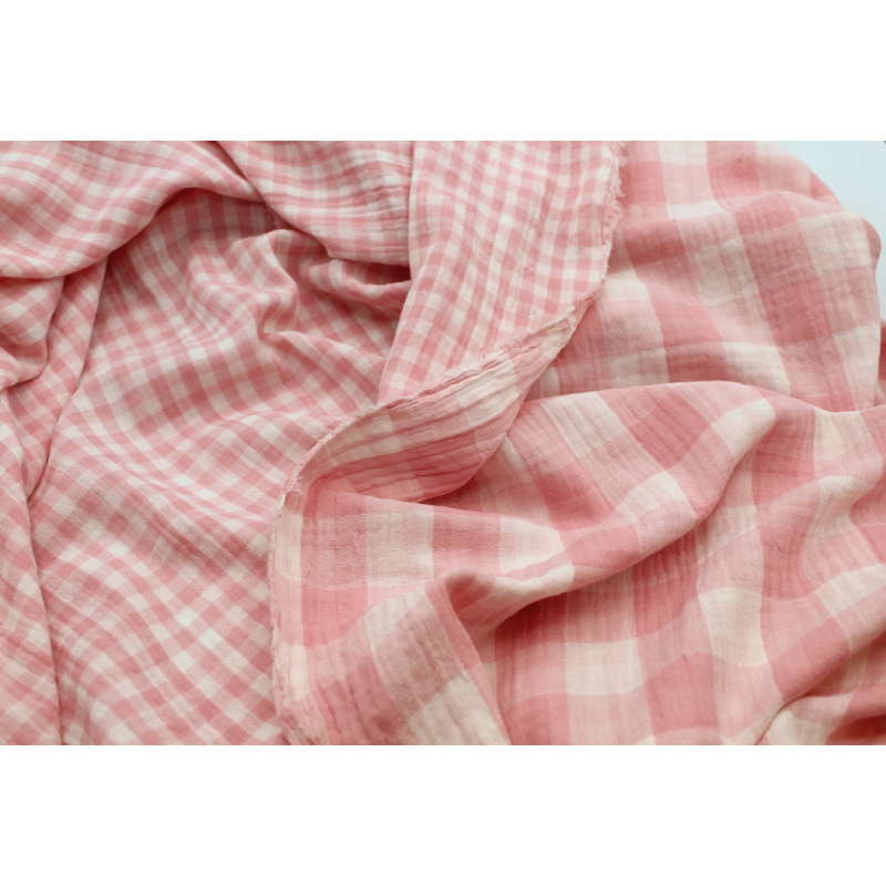 Double gaze de coton double face réversible vichy rose malabar Tissus issus de l'agriculture biologique  - 2