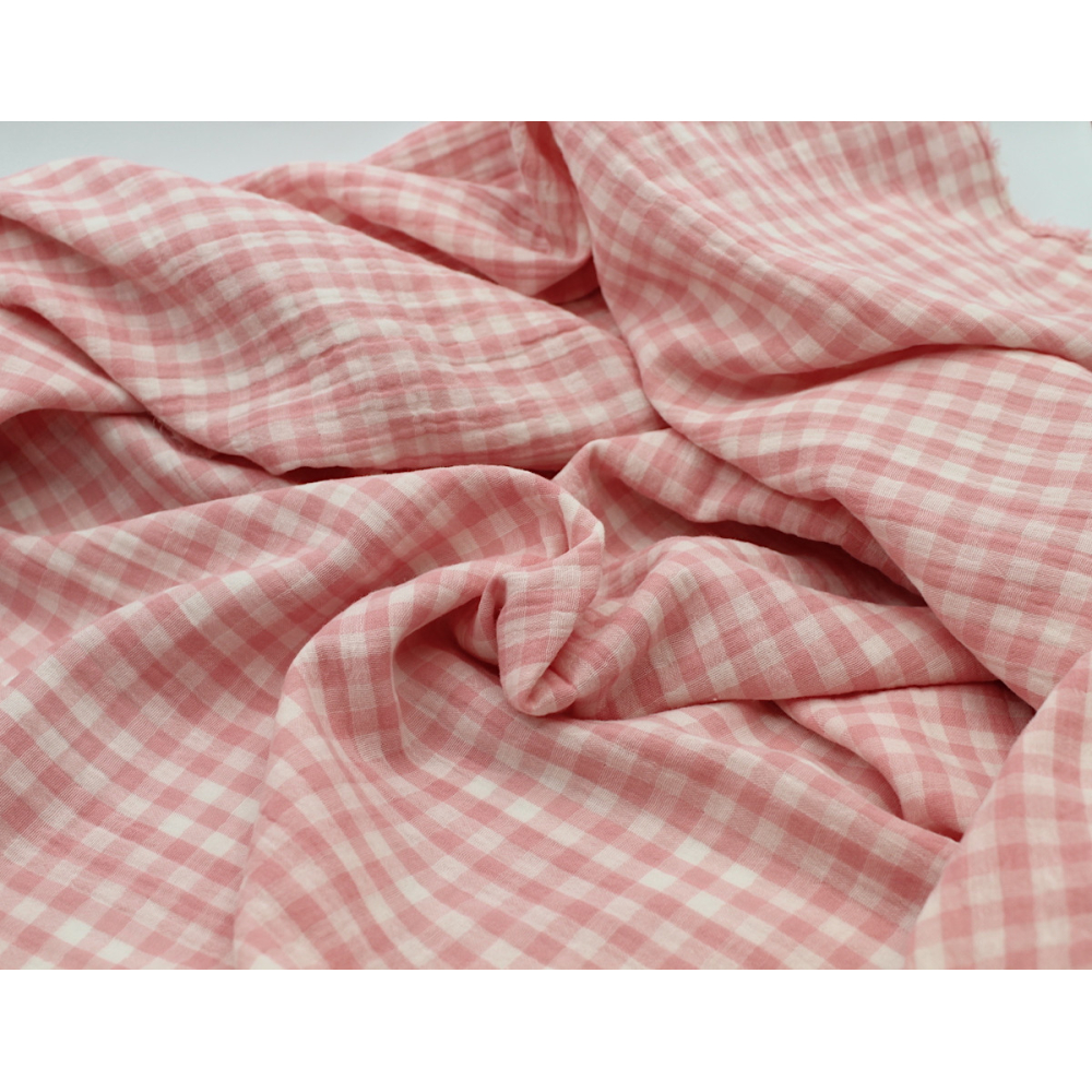 Double gaze de coton double face réversible vichy rose malabar Tissus issus de l'agriculture biologique  - 3