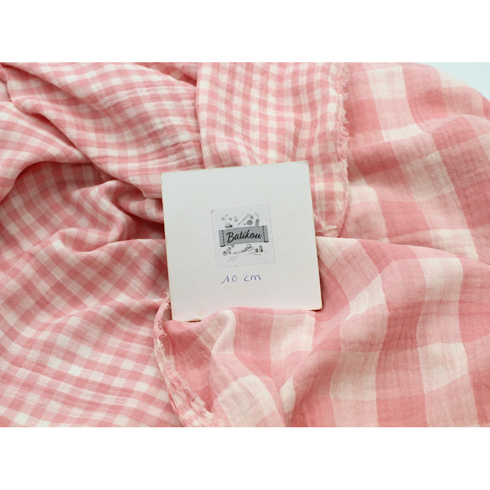 Double gaze de coton double face réversible vichy rose malabar Tissus issus de l'agriculture biologique  - 4