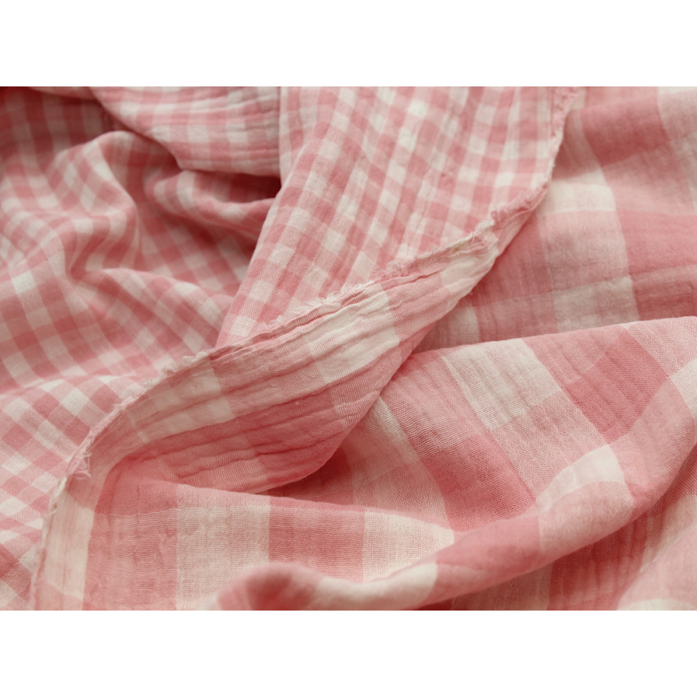 Double gaze de coton double face réversible vichy rose malabar Tissus issus de l'agriculture biologique  - 5