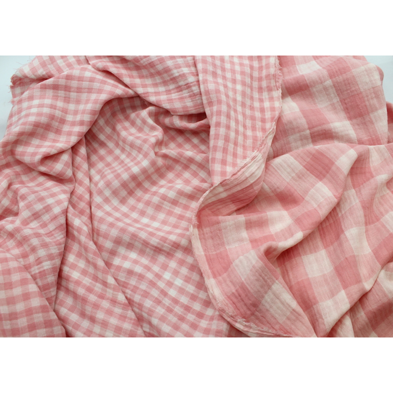 Double gaze de coton double face réversible vichy rose malabar Tissus issus de l'agriculture biologique  - 6