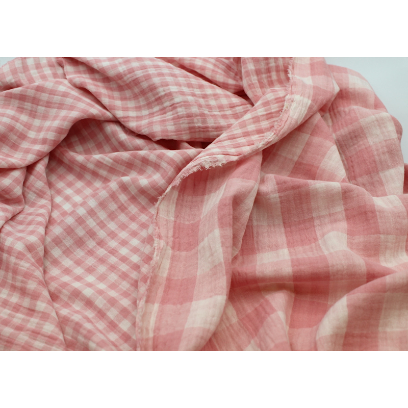 Double gaze de coton double face réversible vichy rose malabar Tissus issus de l'agriculture biologique  - 9