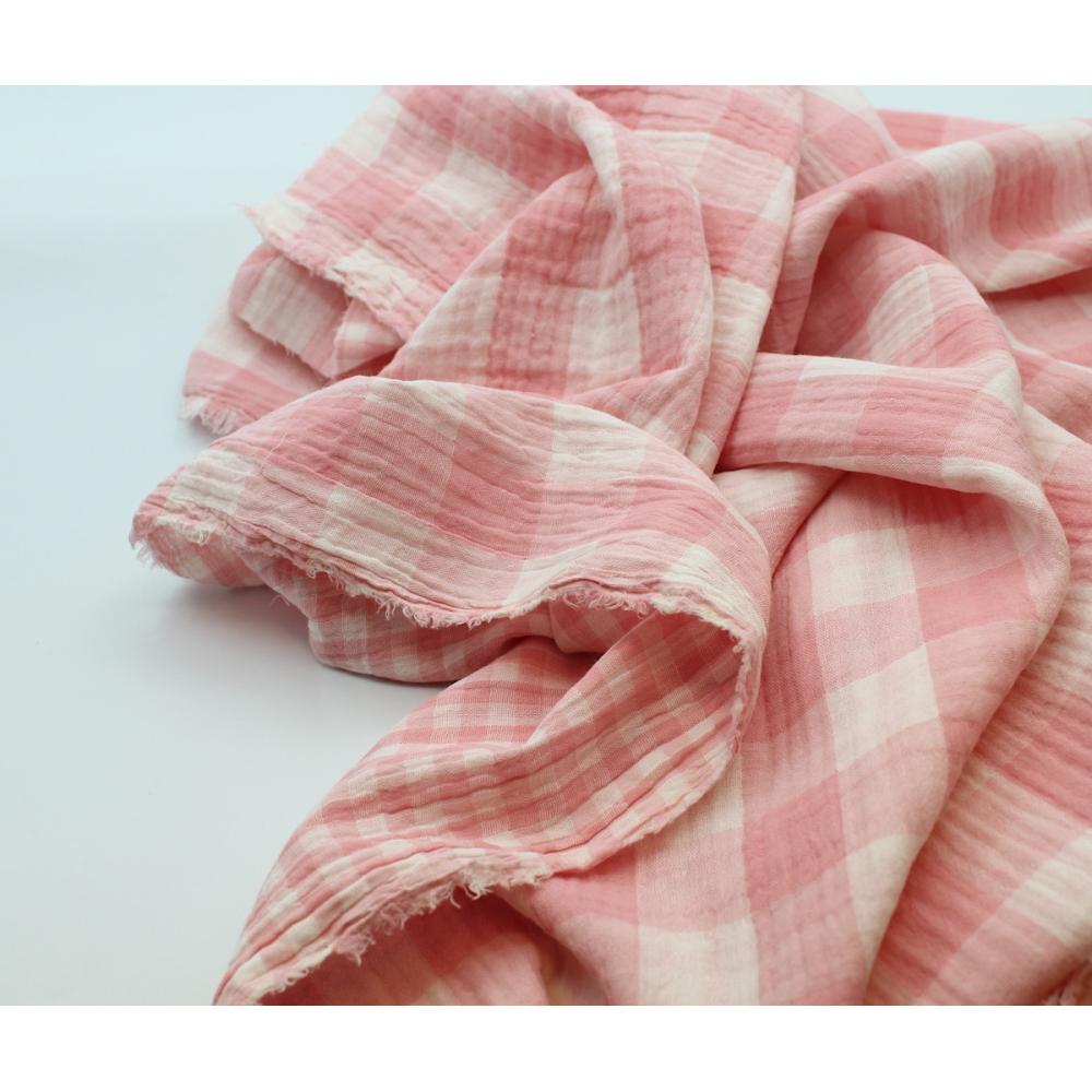 Double gaze de coton double face réversible vichy rose malabar Tissus issus de l'agriculture biologique  - 11