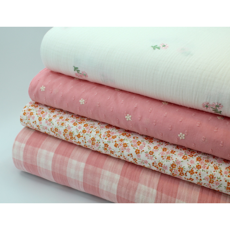 Double gaze de coton double face réversible vichy rose malabar Tissus issus de l'agriculture biologique  - 12