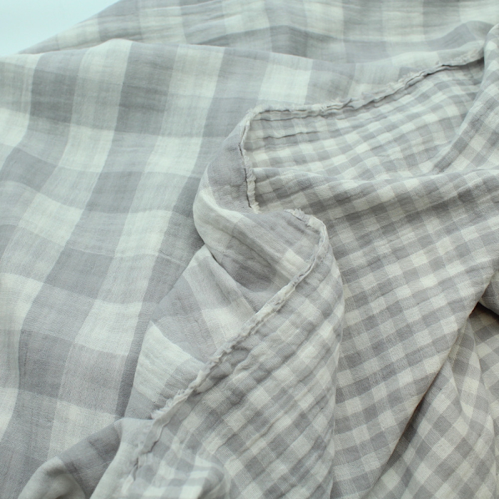 Double gaze de coton double face réversible vichy gris perle