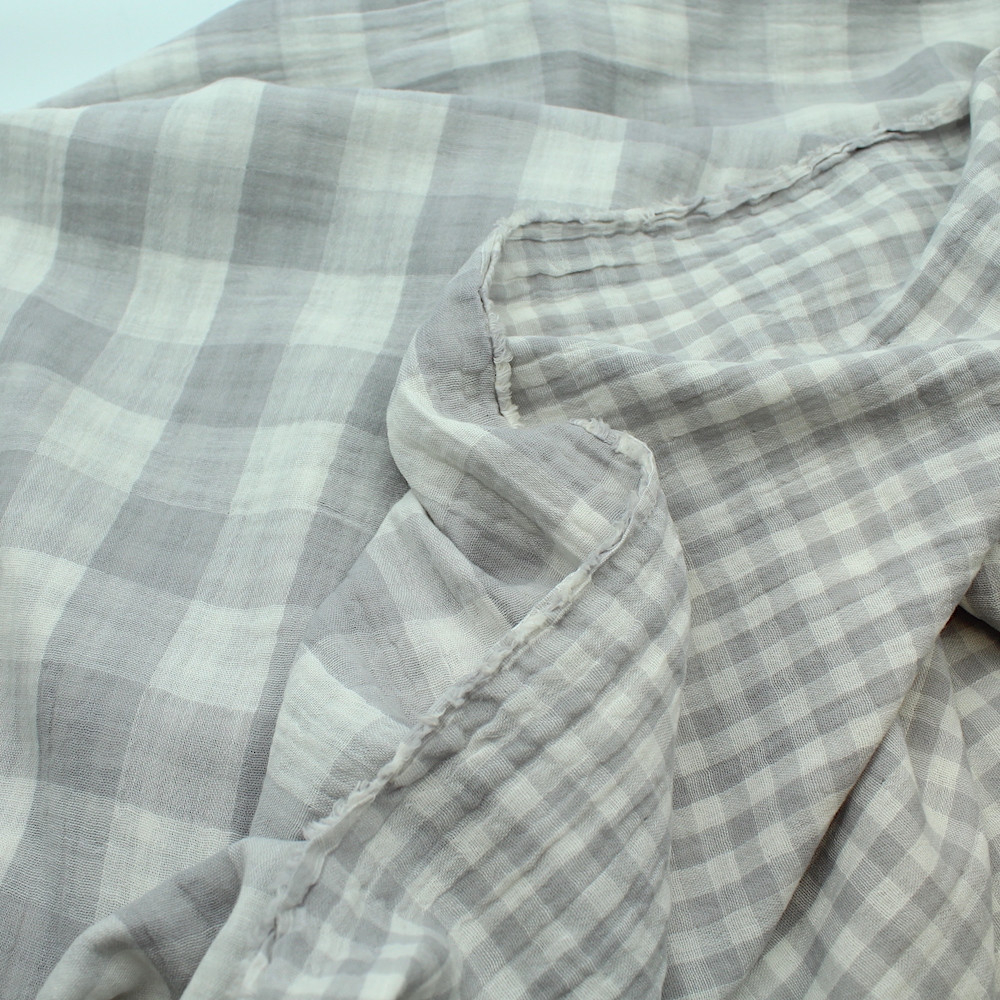 Double gaze de coton double face réversible vichy gris perle