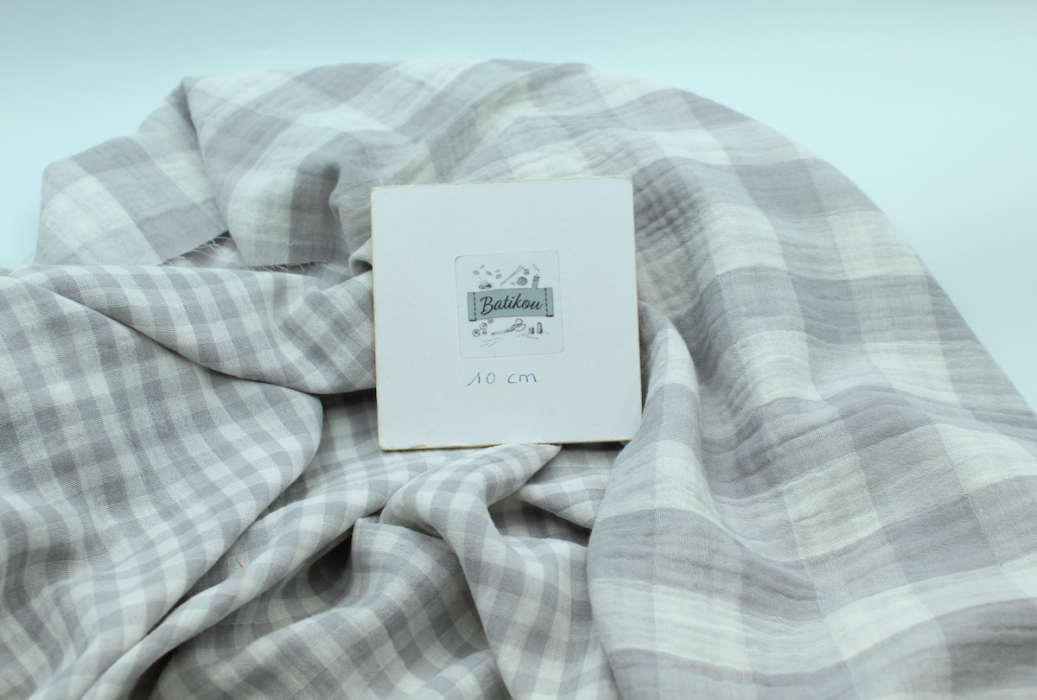 Double gaze de coton double face réversible vichy gris perle