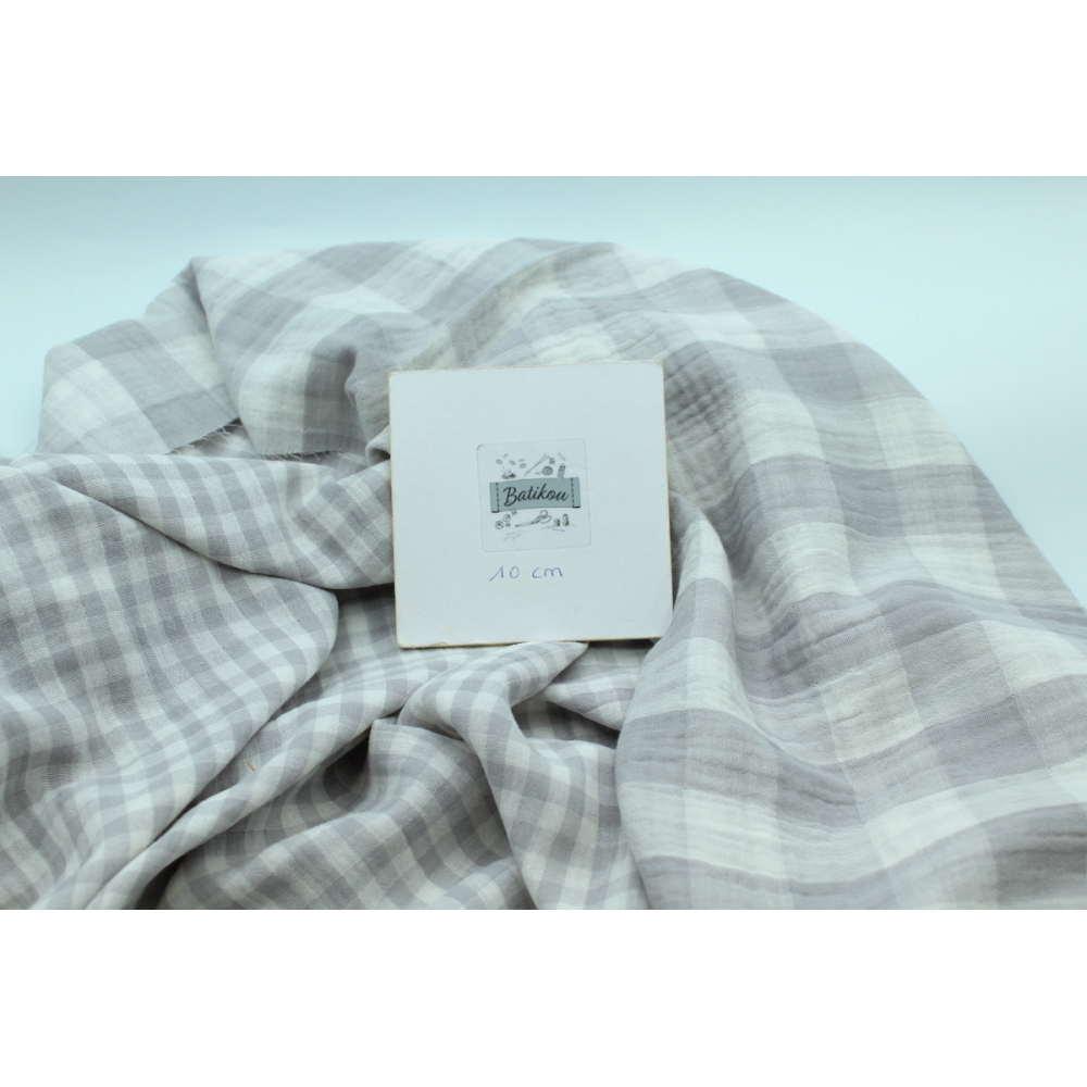 Double gaze de coton double face réversible vichy gris perle