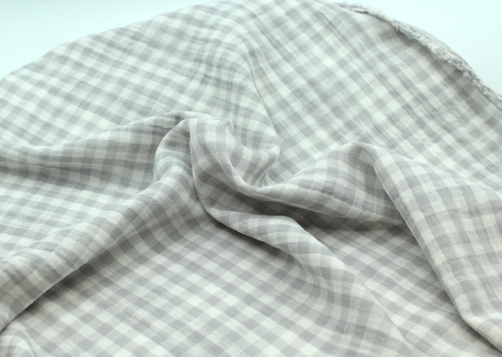 Double gaze de coton double face réversible vichy gris perle