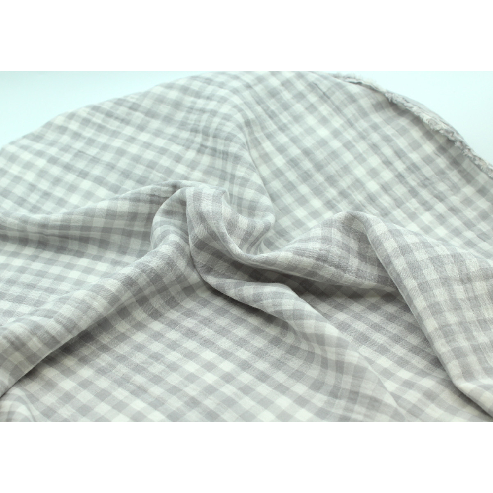 Double gaze de coton double face réversible vichy gris perle