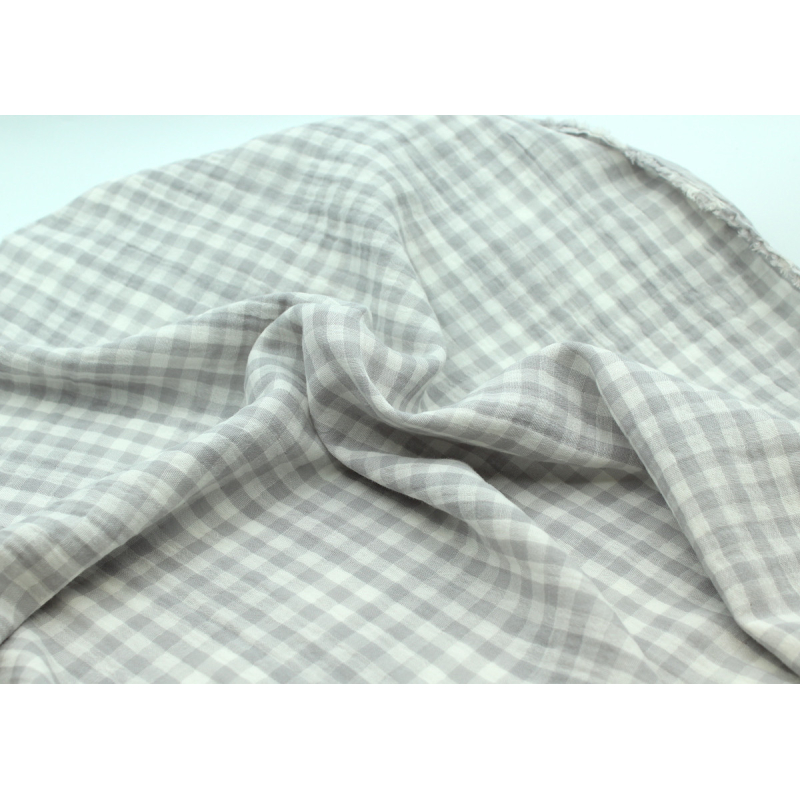 Double gaze de coton double face réversible vichy gris perle