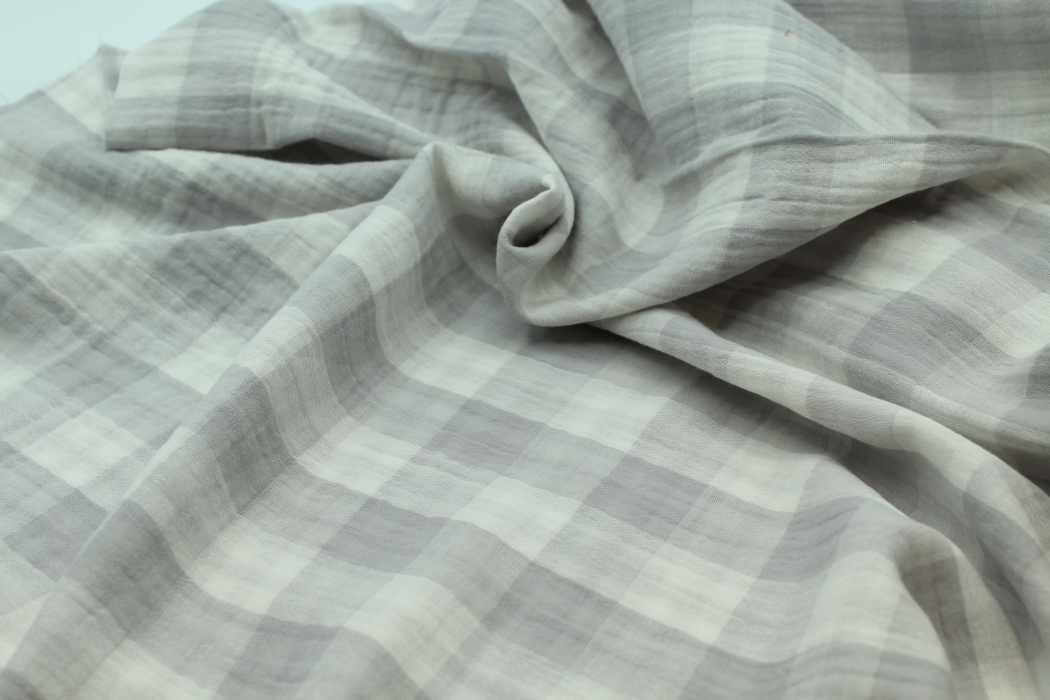 Double gaze de coton double face réversible vichy gris perle