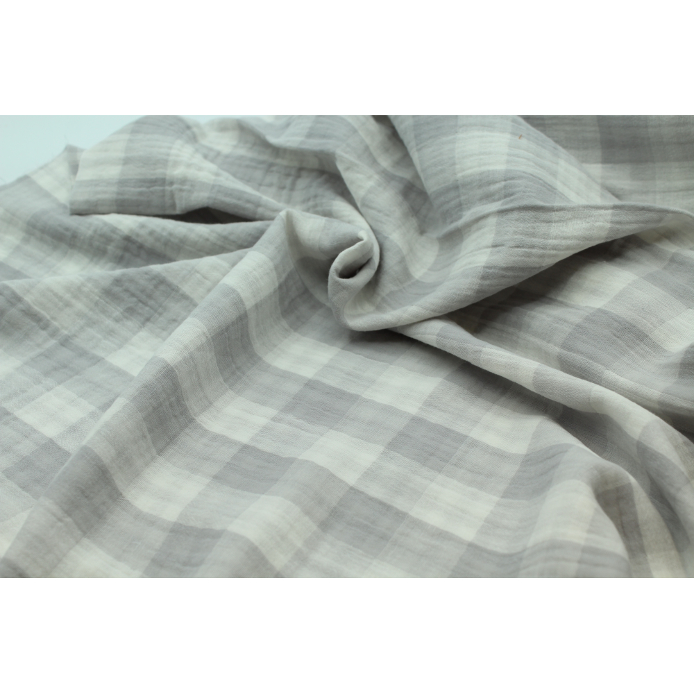 Double gaze de coton double face réversible vichy gris perle