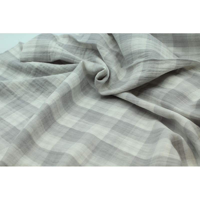 Double gaze de coton double face réversible vichy gris perle