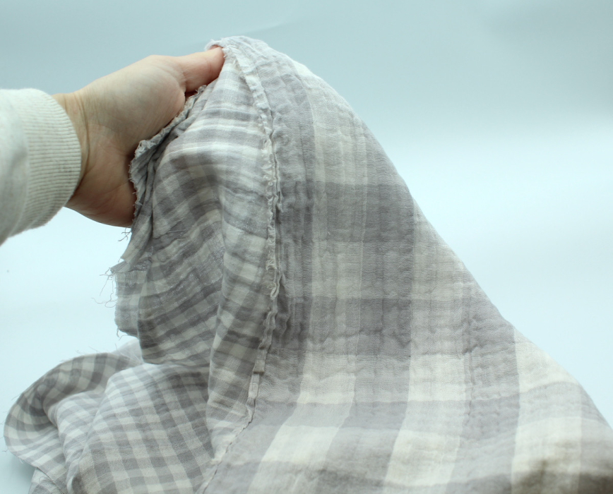 Double gaze de coton double face réversible vichy gris perle