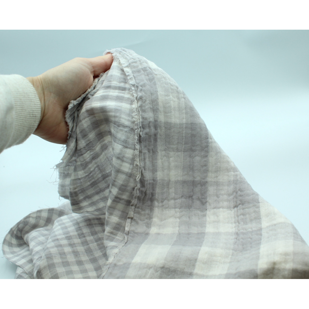 Double gaze de coton double face réversible vichy gris perle