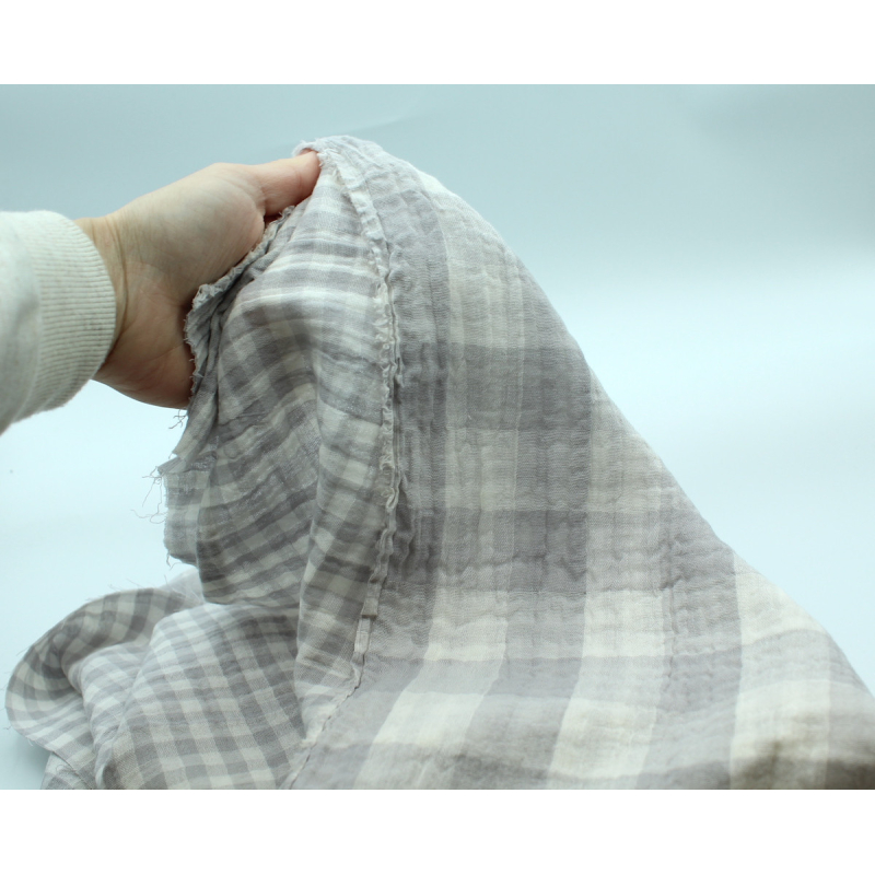 Double gaze de coton double face réversible vichy gris perle