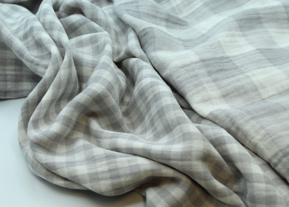 Double gaze de coton double face réversible vichy gris perle