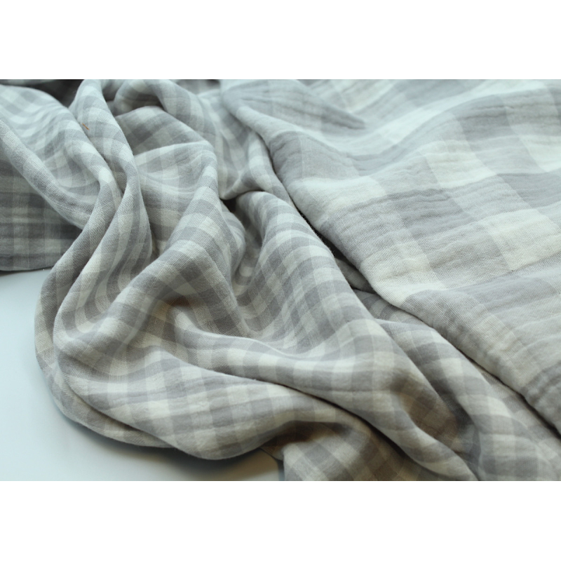 Double gaze de coton double face réversible vichy gris perle