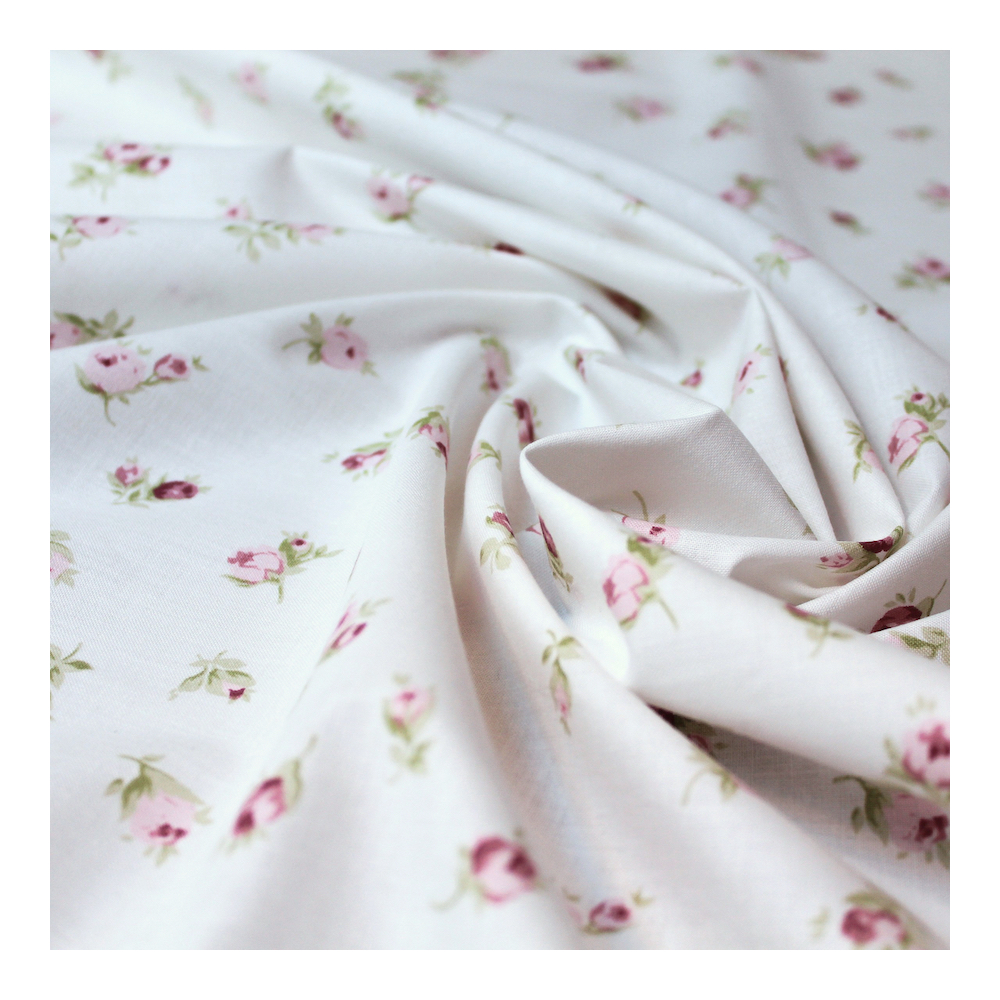 Popeline de coton organique fond ivoire imprimé fleurs vintage